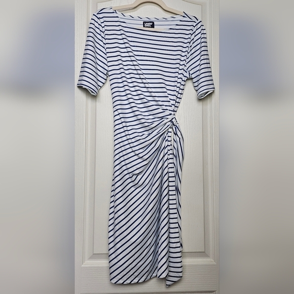 NWOT Lands End Womens Elbow Sleeve Tie Waist Striped Mini BLUE/WHITE MED 10-12 - Picture 4 of 8